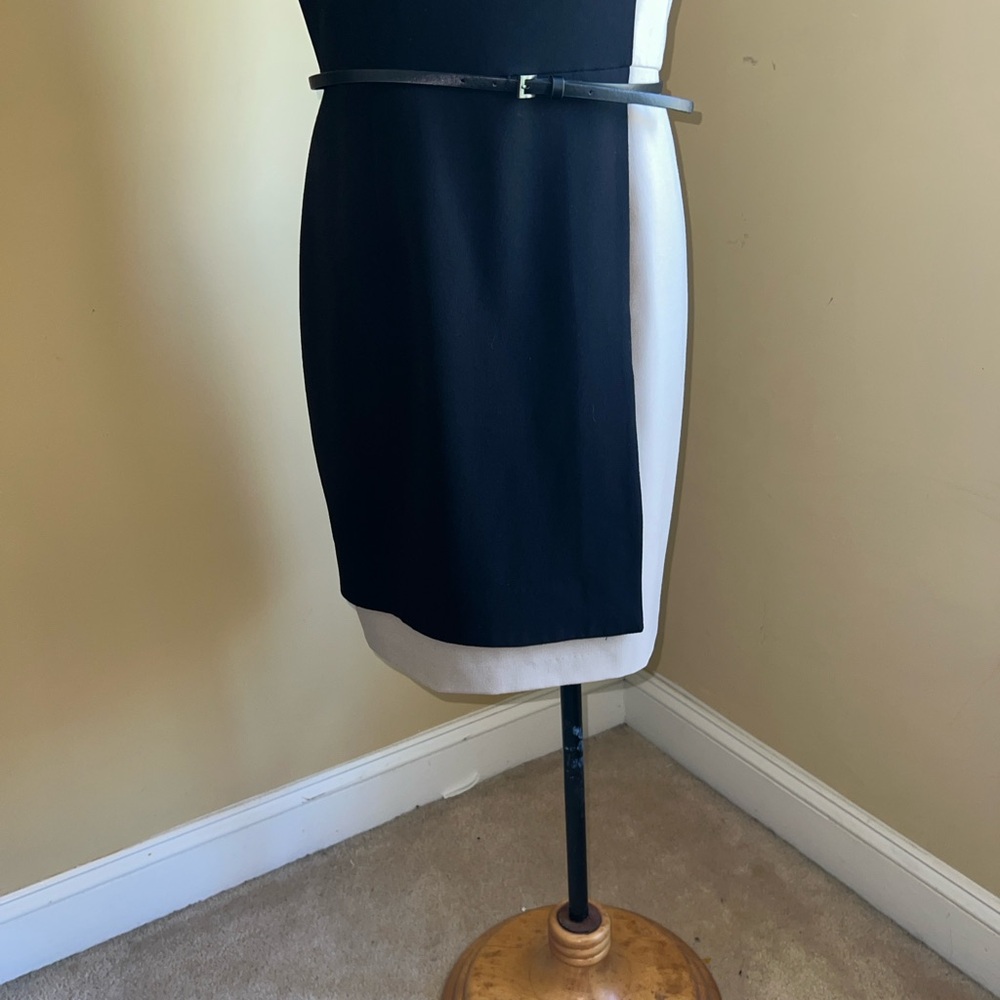 Calvin Klein Black and Cream Colorblock Belted Sheath Dress - Picture 8 of 12